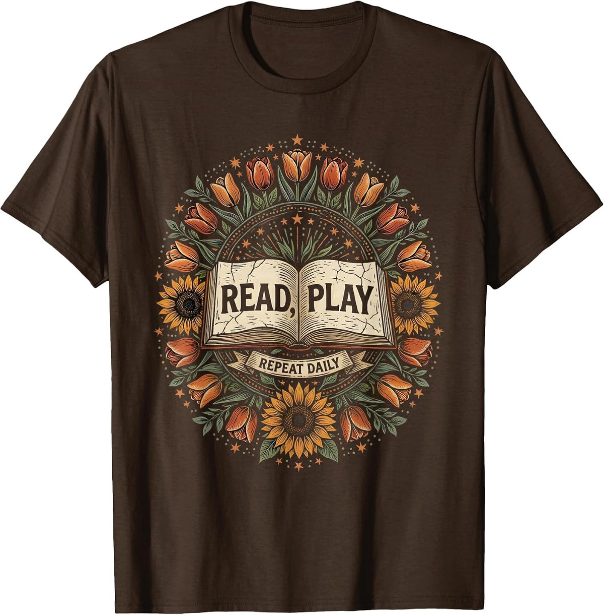 Men's Read Play Repeat Daily Preschool Teacher Design T-Shirt - Brown