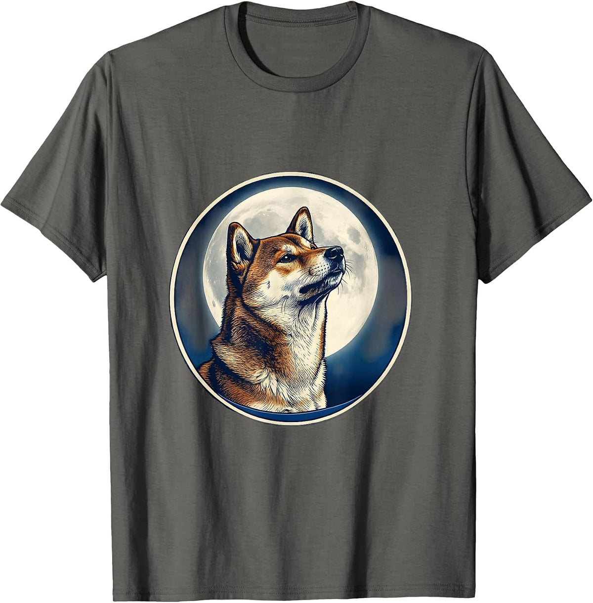 Shiba Inu Howling at the Moon Ukiyo-e Retro Dog Owner T-Shirt - Asphalt Grey