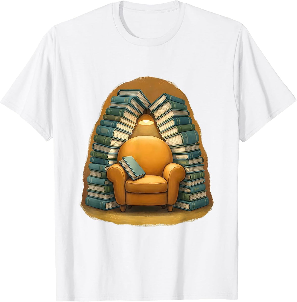 Men's Cozy Armchair Towering Book Piles Reading Art T-Shirt - White
