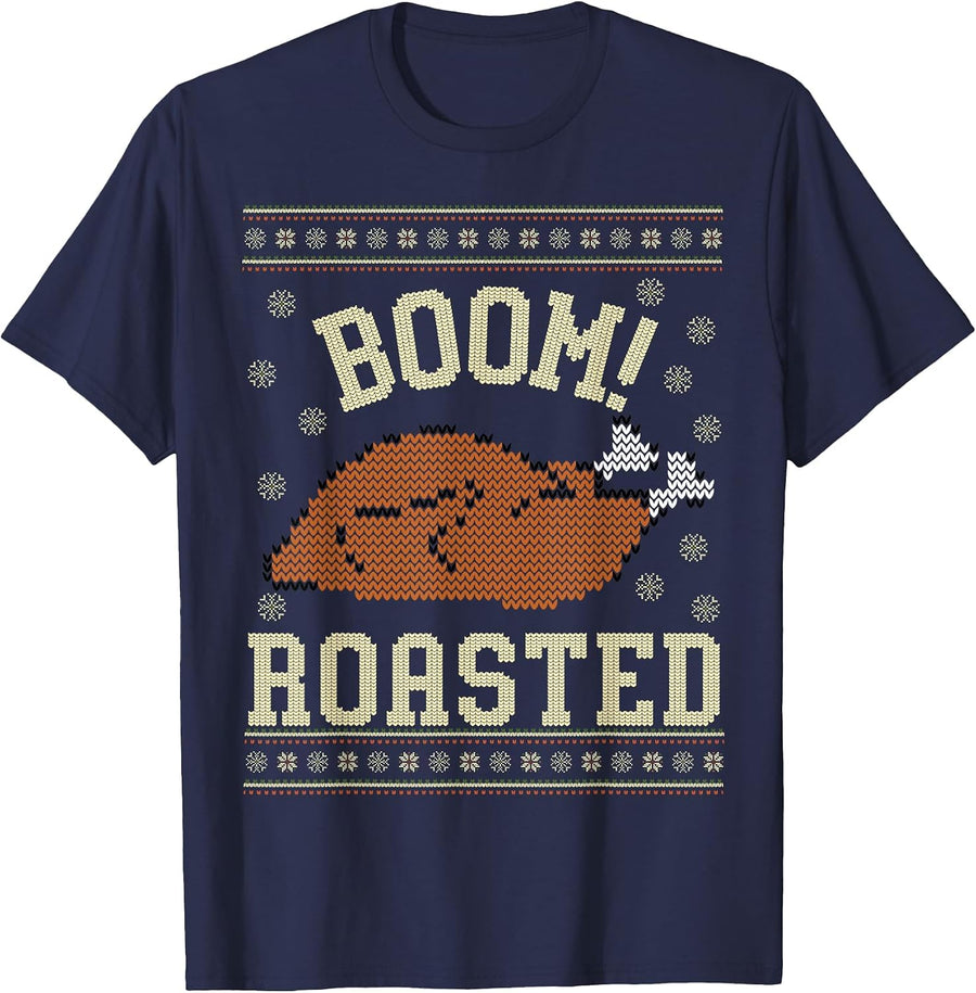 Boom Roasted Turkey Ugly Thanksgiving Sweater Men Women Kids T-Shirt - Navy Blue