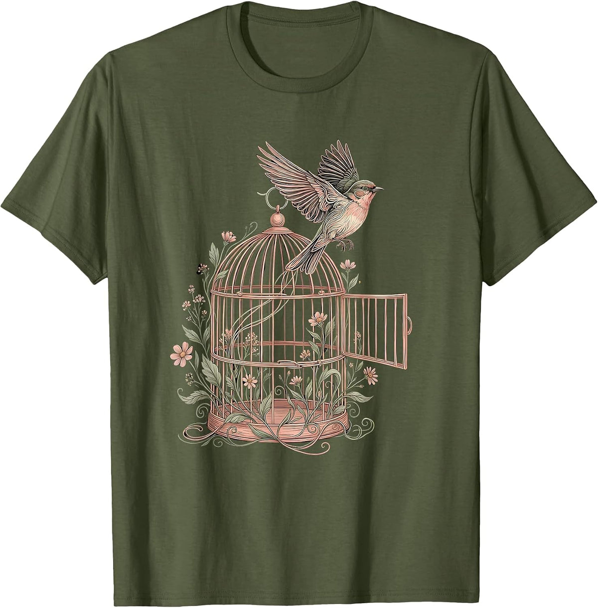 Men's Down Syndrome Awareness Open Birdcage Freedom Design T-Shirt - Olive Green