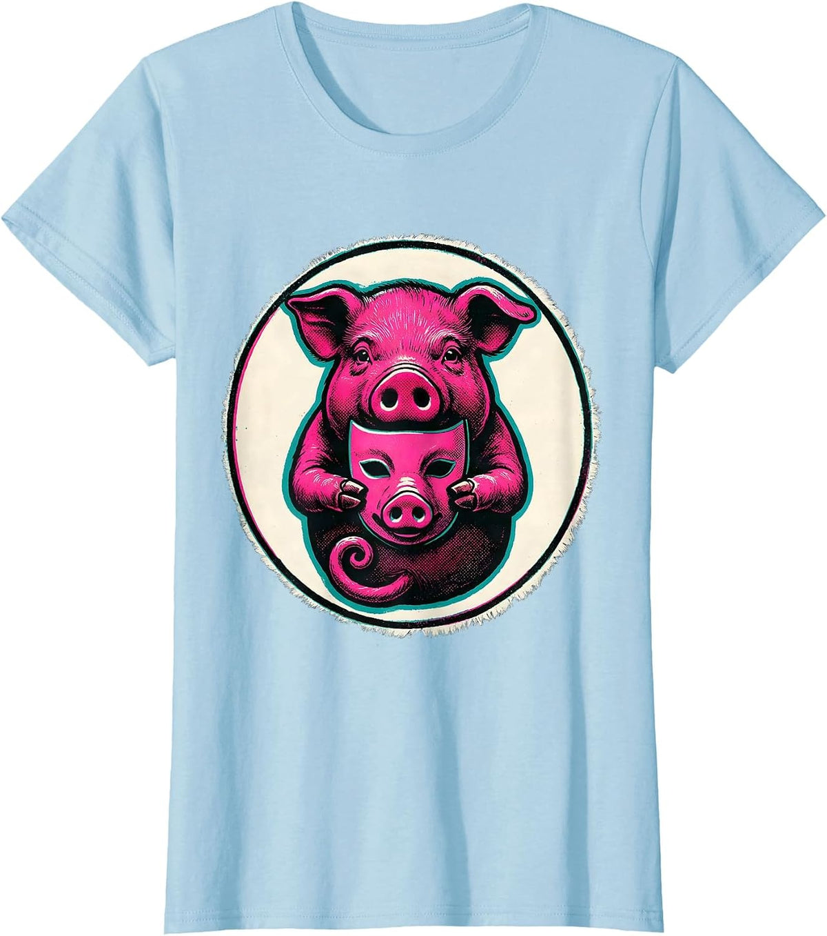Piglet Mask Badge Risograph Pig Lover Halloween Costume T-Shirt - Baby Blue