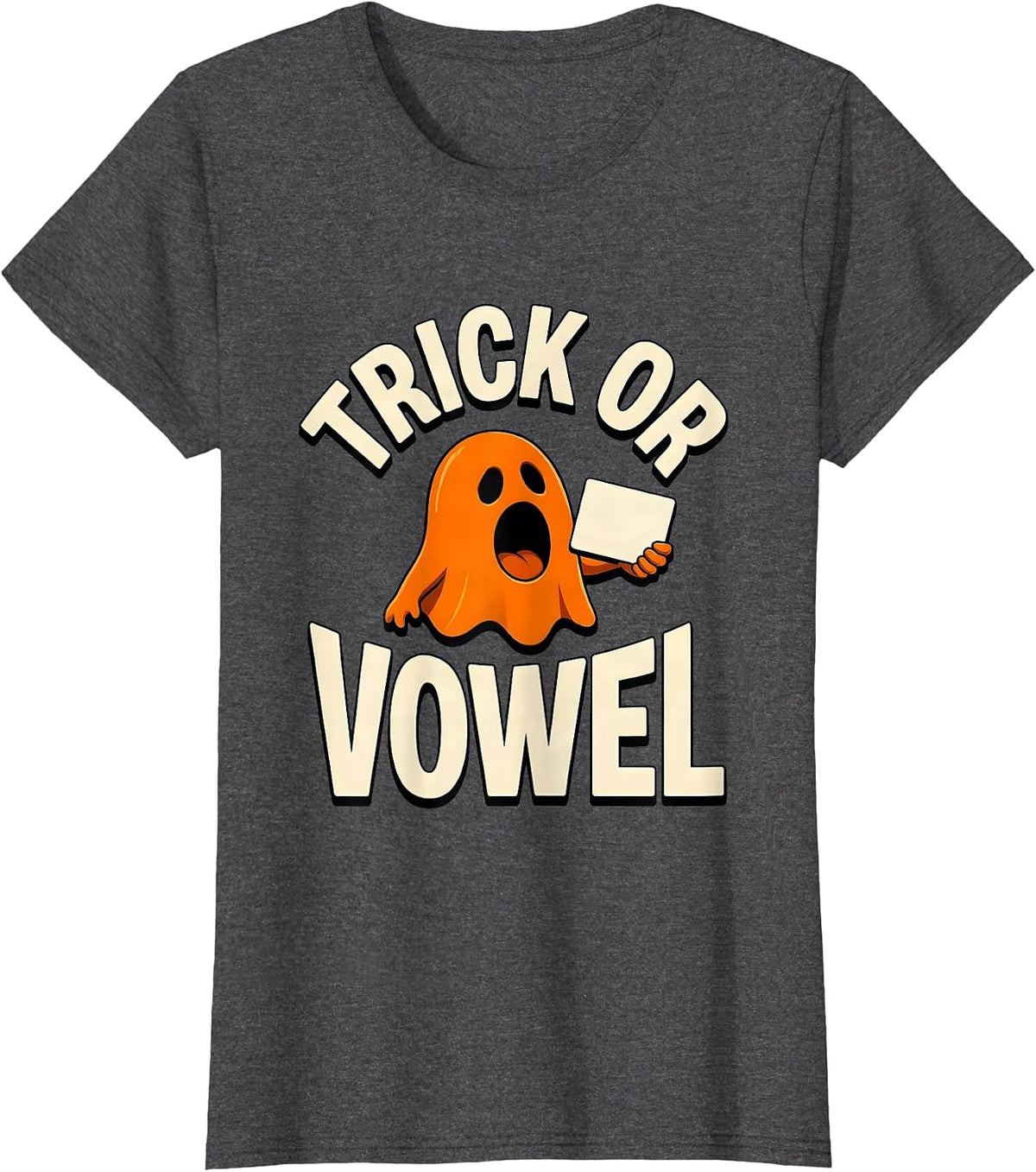 Women's Trick Or Vowel Funny Halloween Speech Therapy SLP Teacher T-Shirt - Dark Heather Grey
