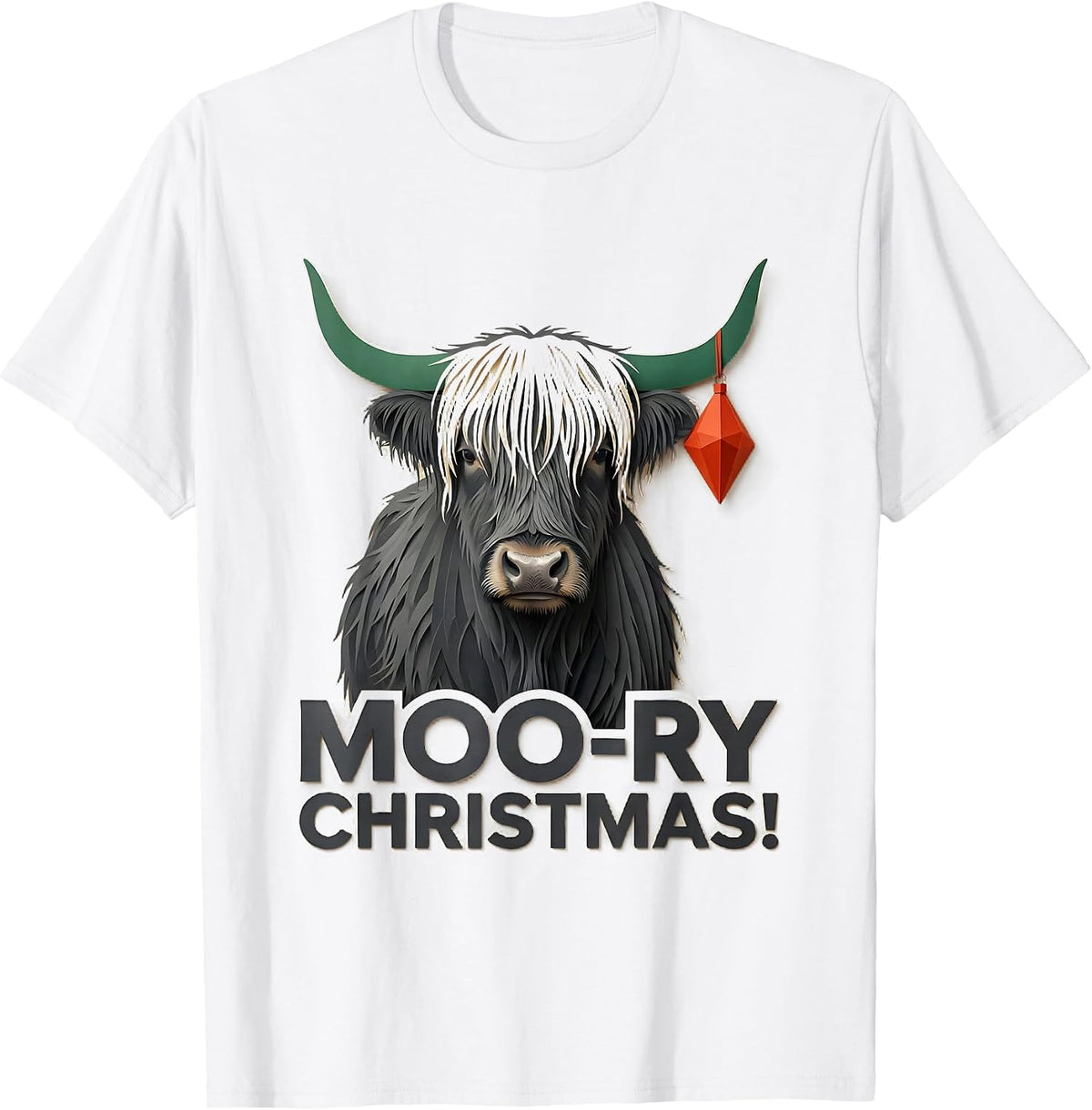 Men's Moo-ry Christmas! Paper Cutout Highland Cow Seasonal Holiday T-Shirt - White
