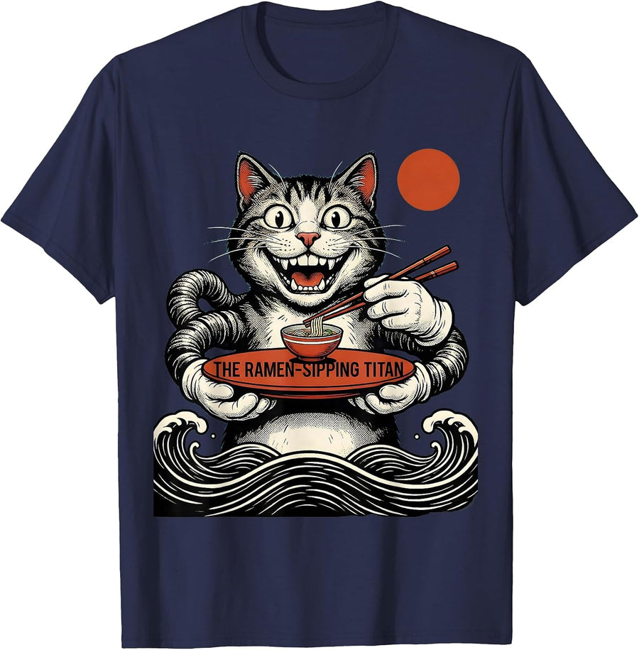 The Ramen-Sipping Titan Retro Cartoon Kawaii Cat Anime Gift T-Shirt - Navy Blue