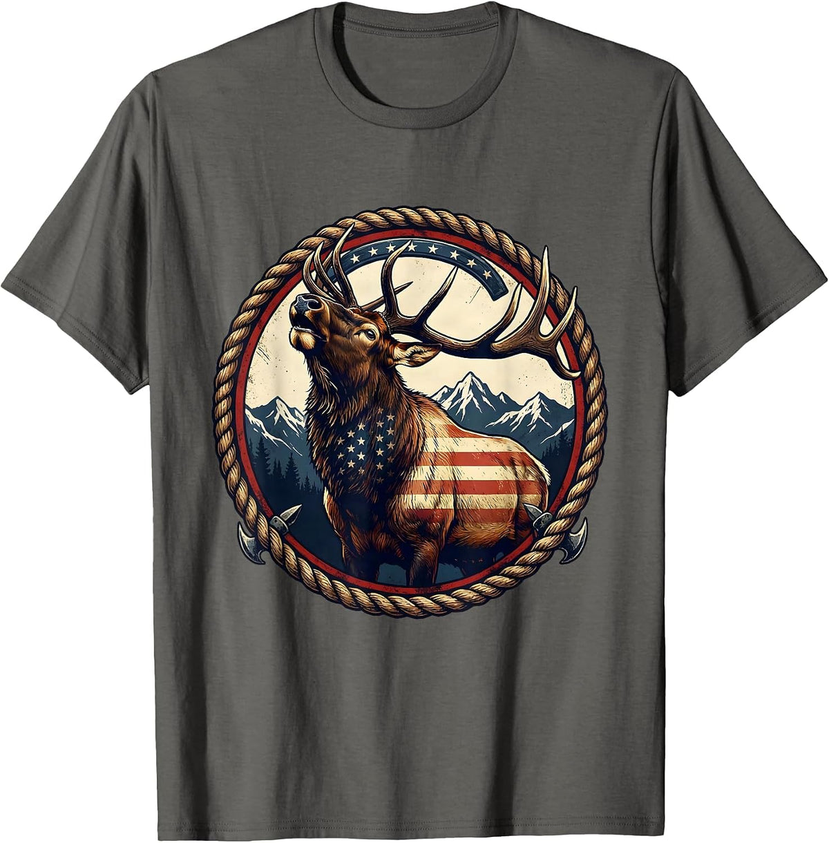 Men's Elk Bugling in Snowy Mountain Meadow T-Shirt - Asphalt Grey