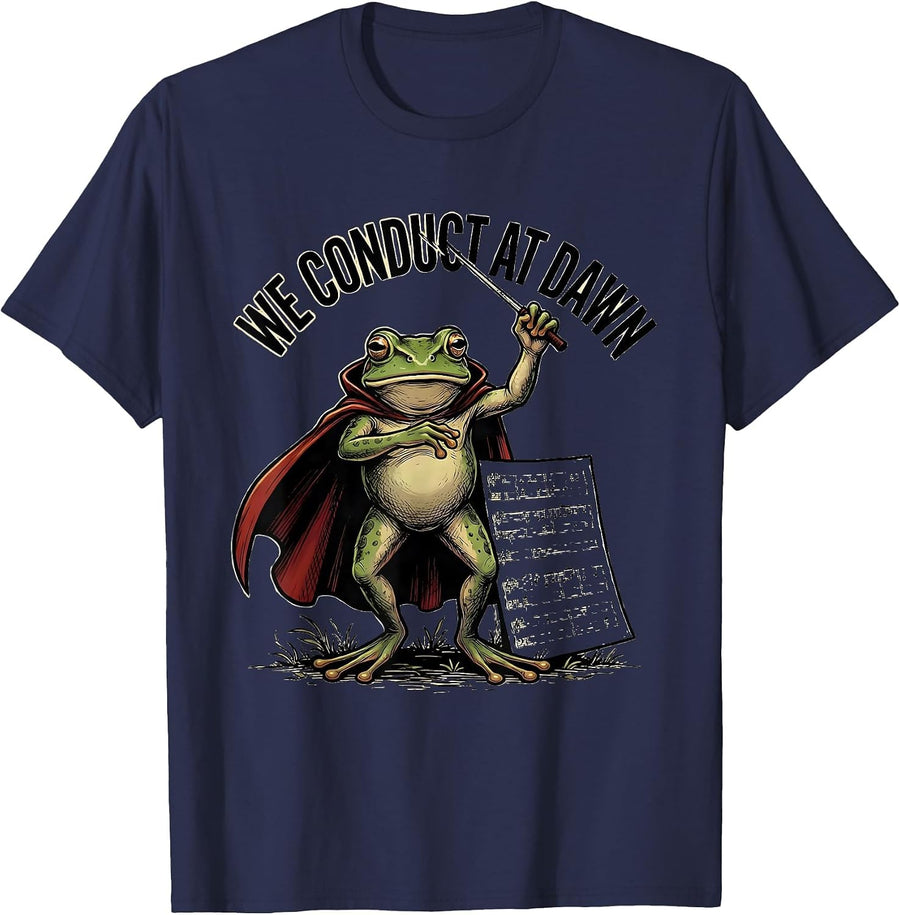 We Conduct At Dawn Cartoon Frog Teacher Back To School Humor T-Shirt - Navy Blue
