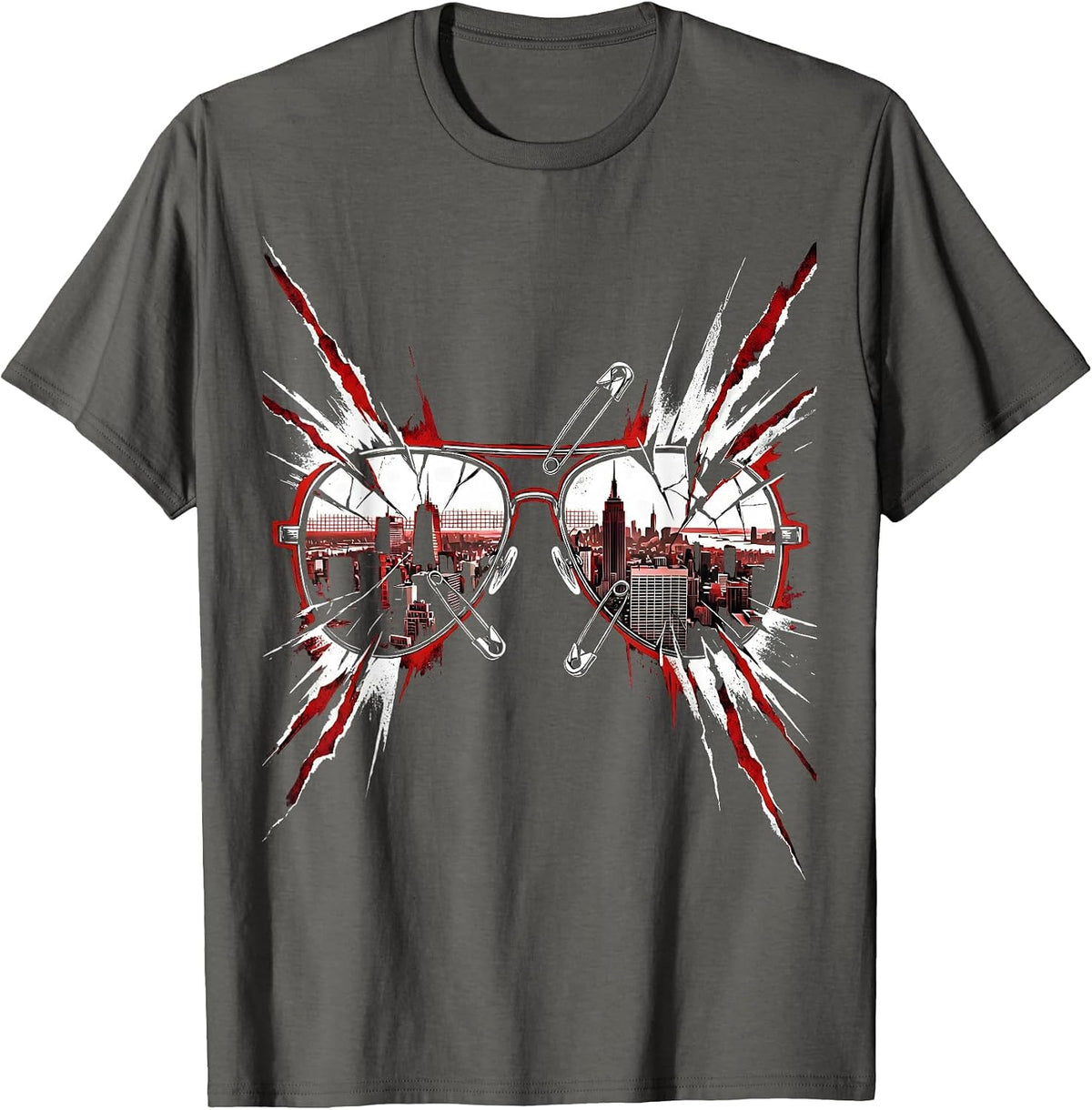 Men's Retro Synthwave Cityscape Reflective Sunglasses T-Shirt - Asphalt Grey