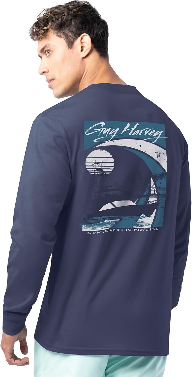 Guy Harvey Men’s Long Sleeve Lightweight Cotton Fishing Graphic T-Shirt - Crown Blue\/Sunset Paradise