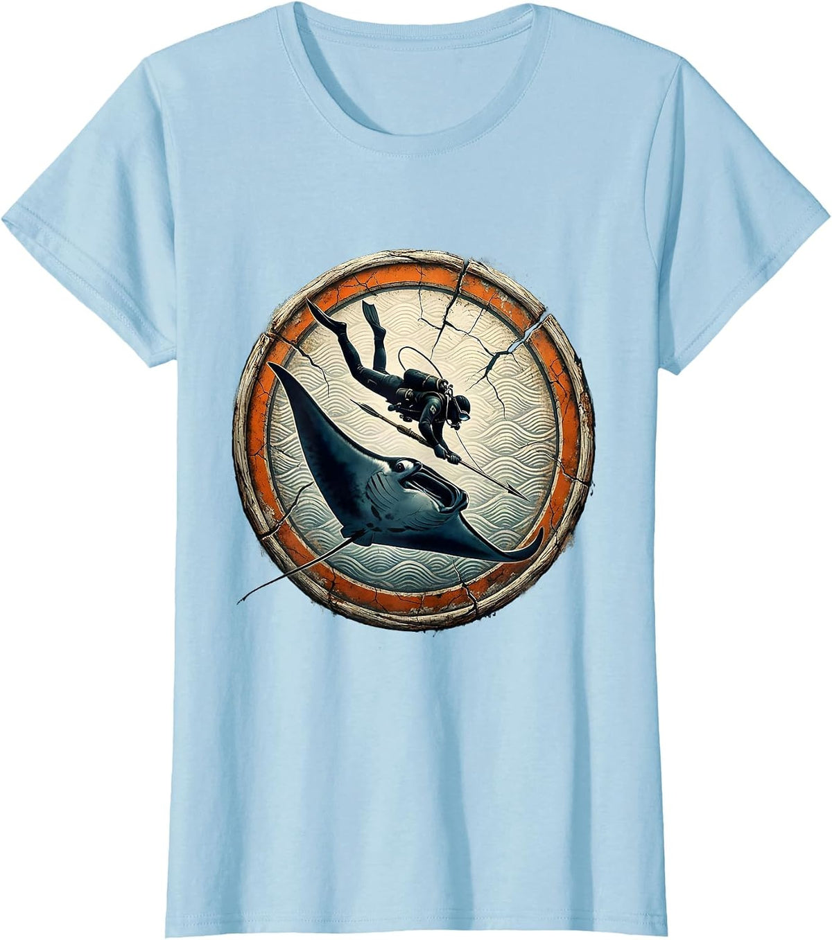 Spearfisher and Manta Ray Underwater Art T-Shirt - Baby Blue