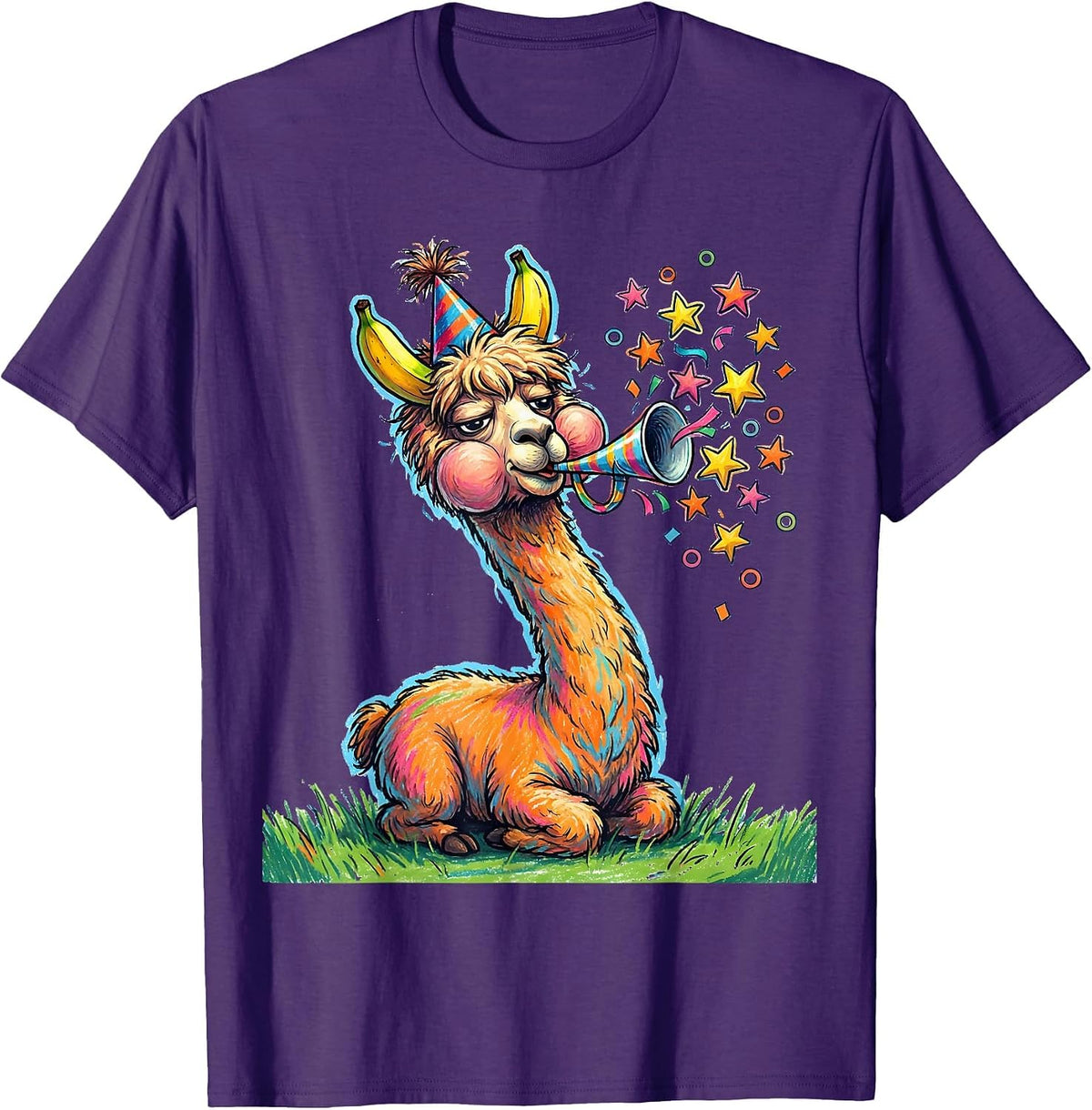 Alpaca Party Hat Naive Kidcore Funny Llama Lover T-Shirt - Purple