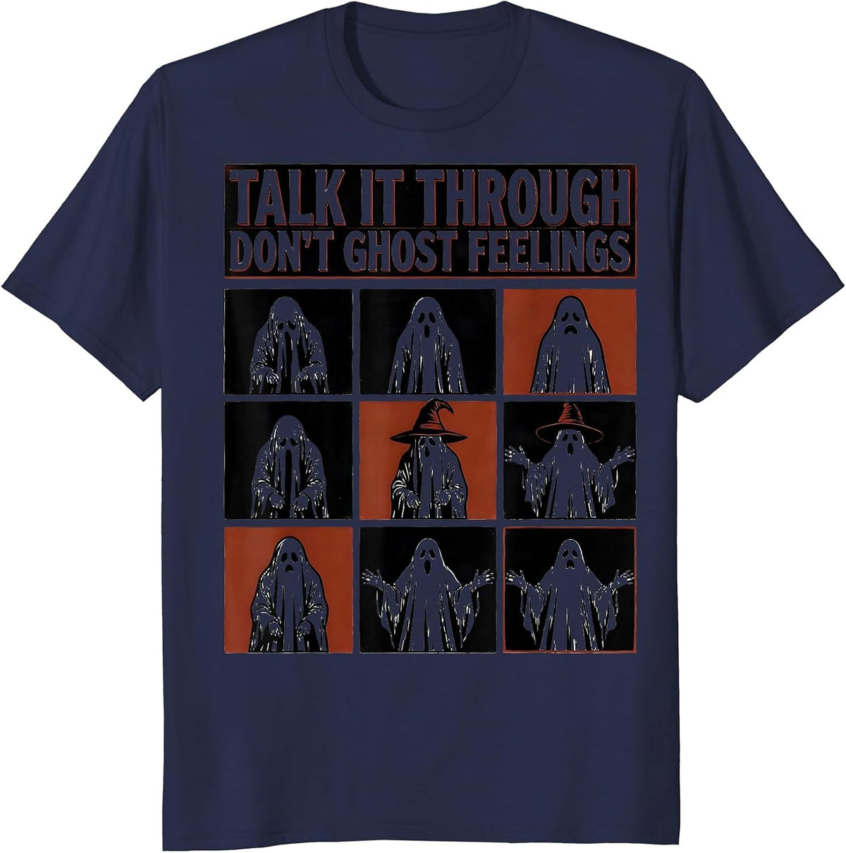 Men's Talk It Through, Don't Ghost Feelings Wood Type Letterpress T-Shirt - Navy Blue