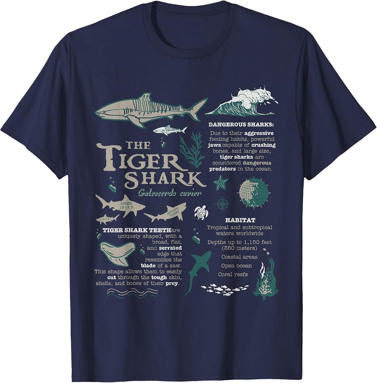 Tiger Shark Anatomy Marine Biologist T-Shirt - Navy Blue