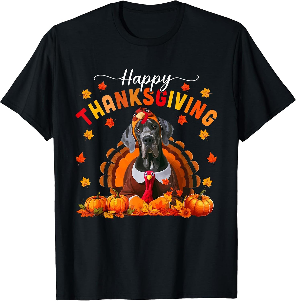 Happy Thanksgiving Great Dane Cosplay Fall Turkey Owner Kids T-Shirt - Black