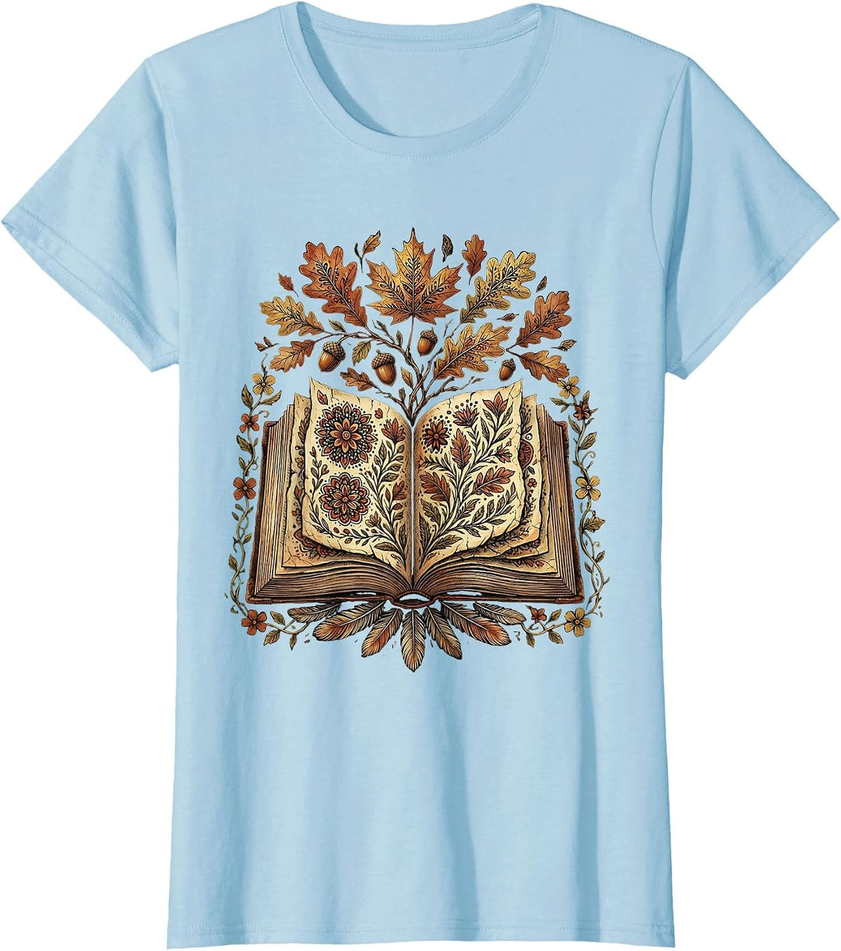 Women's Teacher Fall Open Book Leaves Illustration T-Shirt - Baby Blue
