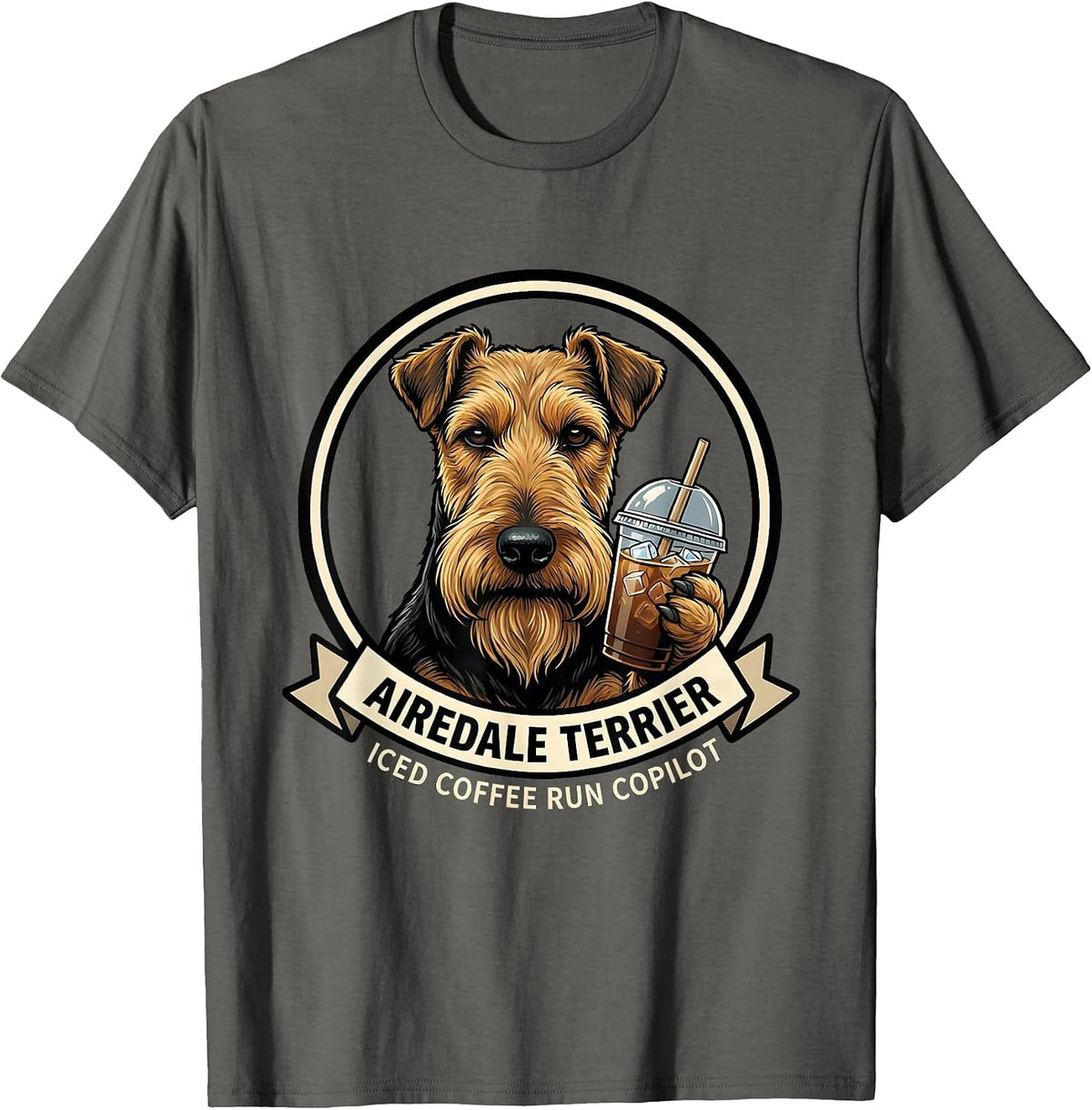 Airedale Terrier Iced Coffee Run Copilot Funny T-Shirt - Asphalt Grey
