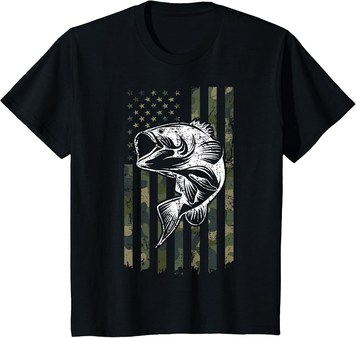 Large Mouth Bass Fishing Camo American Flag USA Fisherman T-Shirt - Black