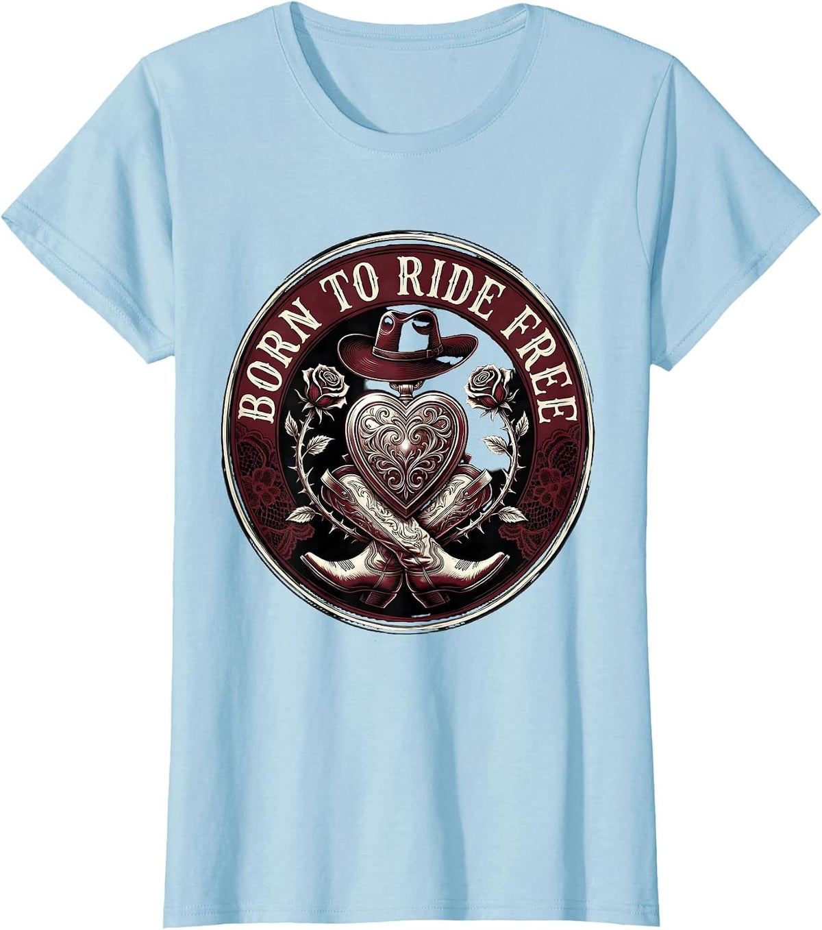 Women's Born to Ride Free Rodeo Cowgirl Design T-Shirt - Baby Blue
