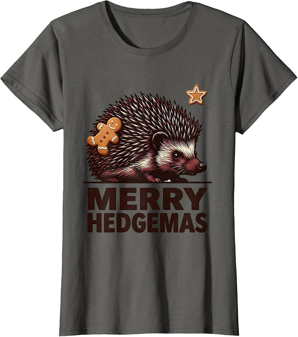 Women's Merry Hedgemas Cute Hedgehog Christmas Novelty Humor T-Shirt - Asphalt Grey