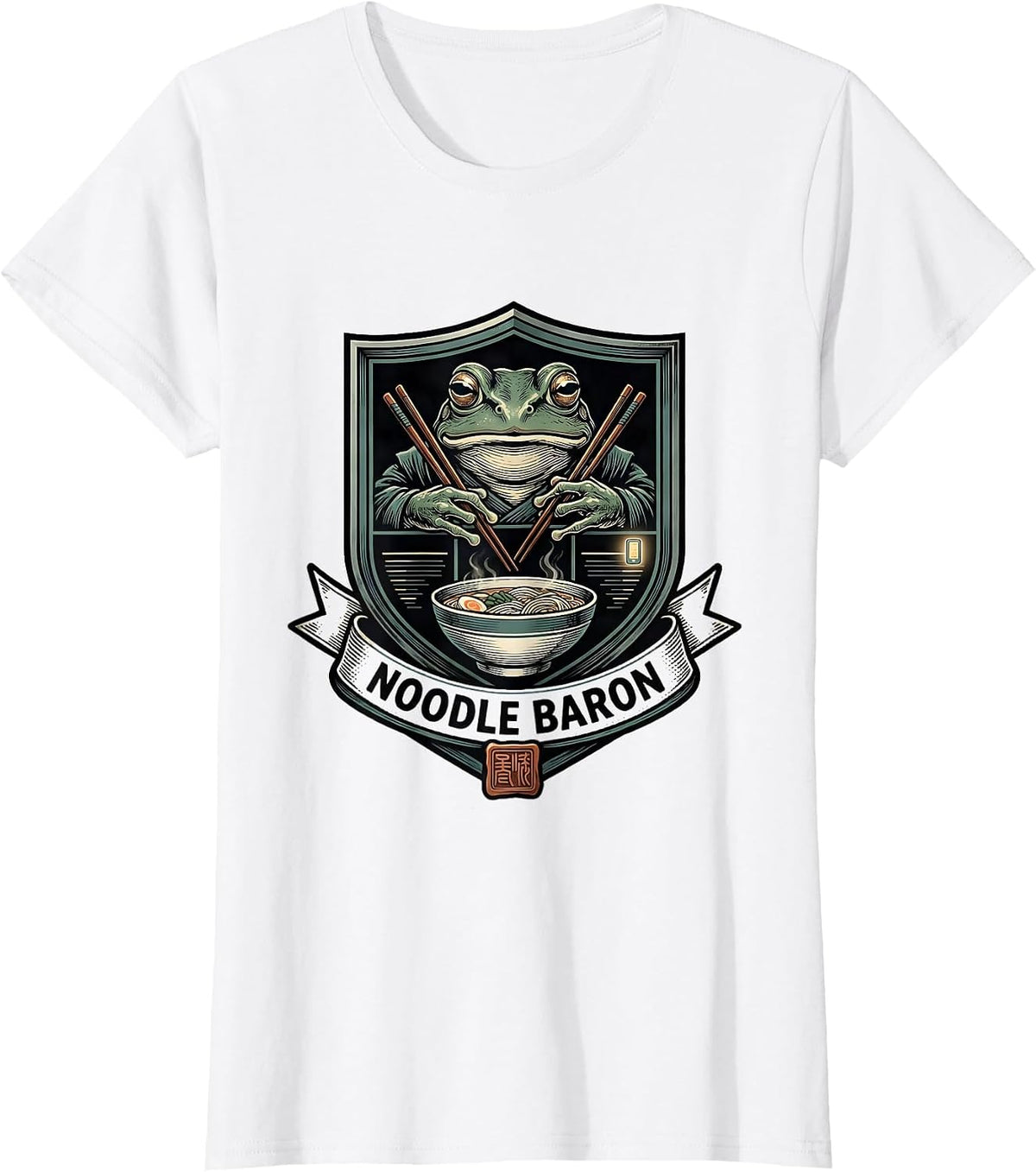 Noodle Baron Grumpy Frog Ramen Ukiyo-e Anime Humor T-Shirt - White