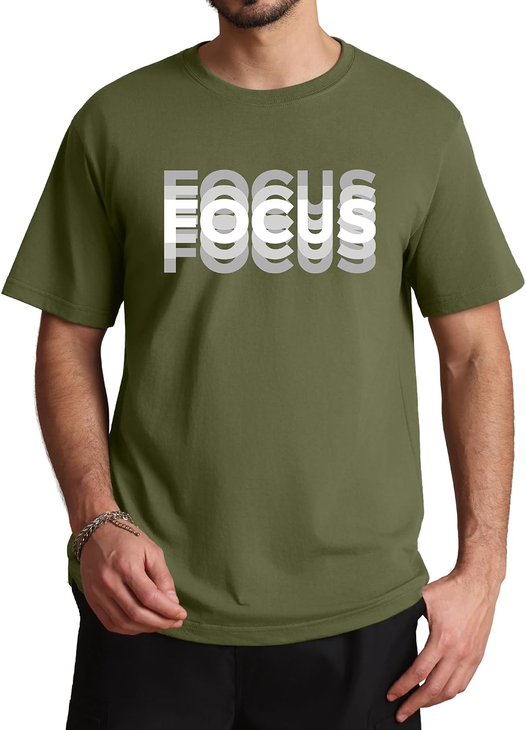 Aiyino Men's Focus Graphic Tee Motion Text Short Sleeve 100% Cotton - Armygreen