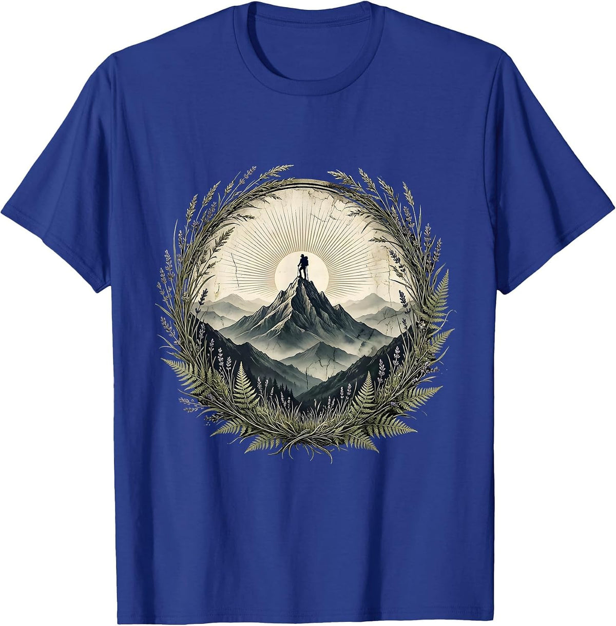 Men's Hiker Silhouette Misty Mountain Peak Adventure T-Shirt - Royal Blue
