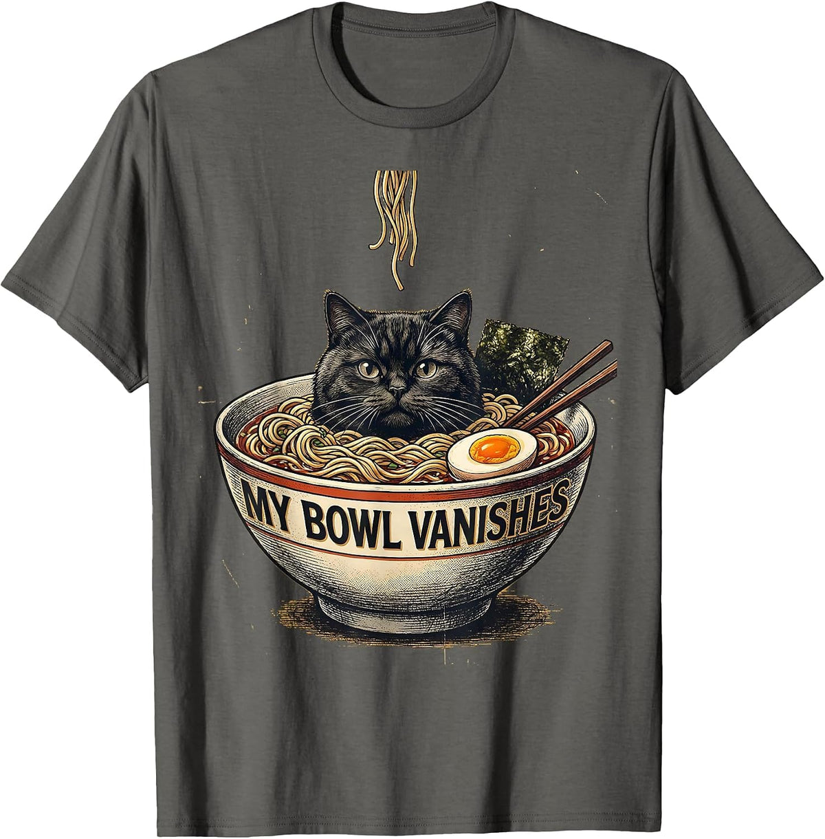Men's My Bowl Vanishes Funny Cat Ramen Anime Art Kawaii Gift T-Shirt - Asphalt Grey