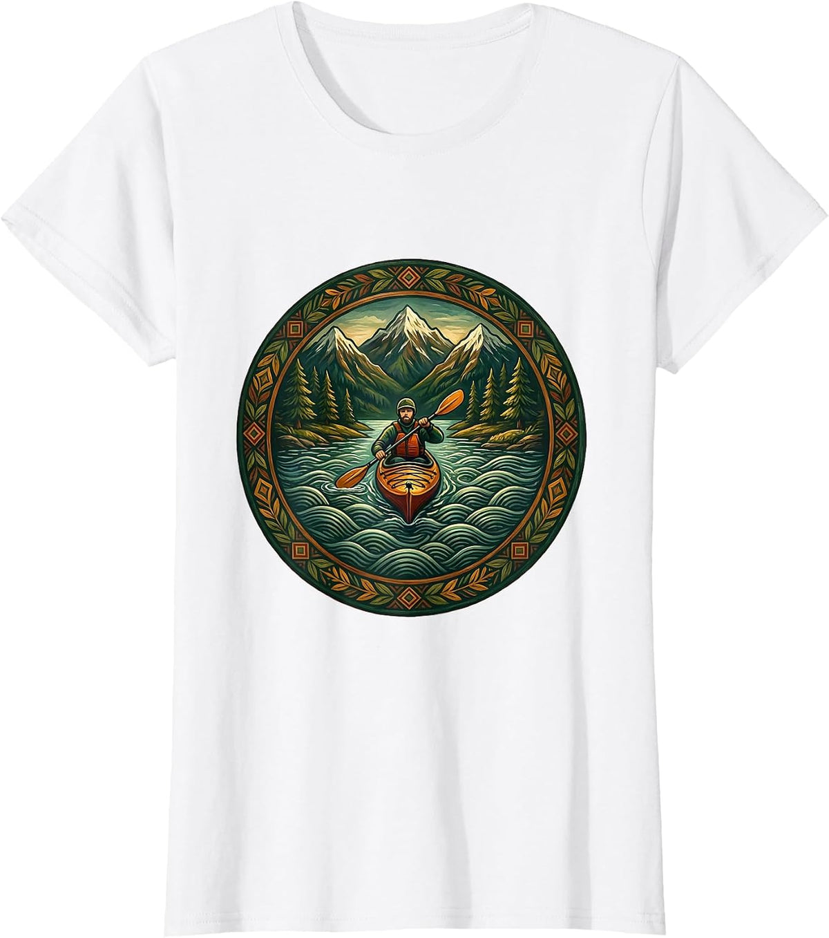 Kayak Fishing Mountain Scenery Graphic T-Shirt - White