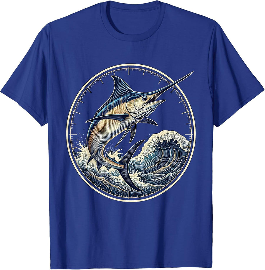 Gulf of Mexico Jumping Marlin Wave Illustration T-Shirt - Royal Blue