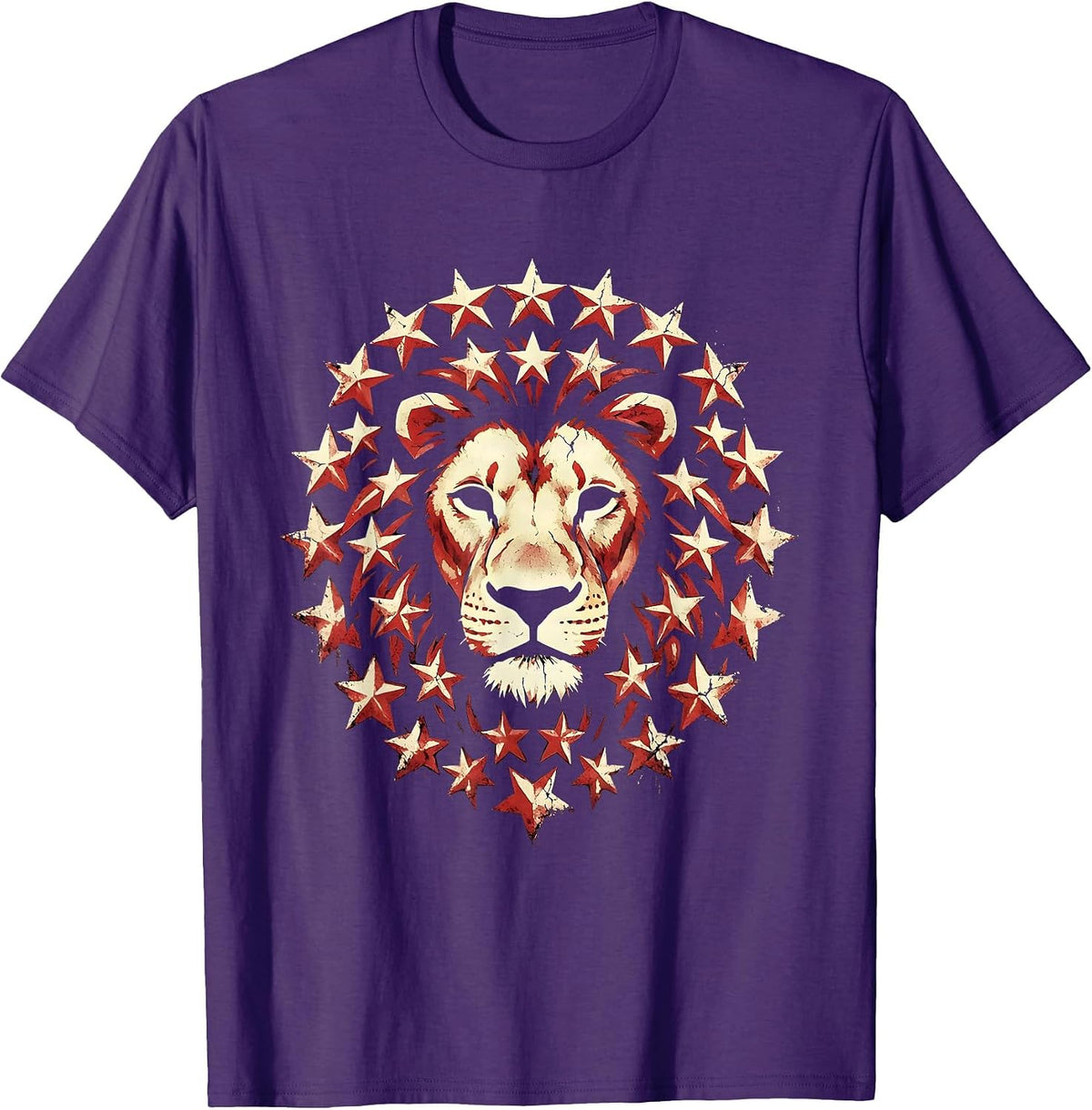 Red White and Blue Star-Spangled Lion Design T-Shirt - Purple