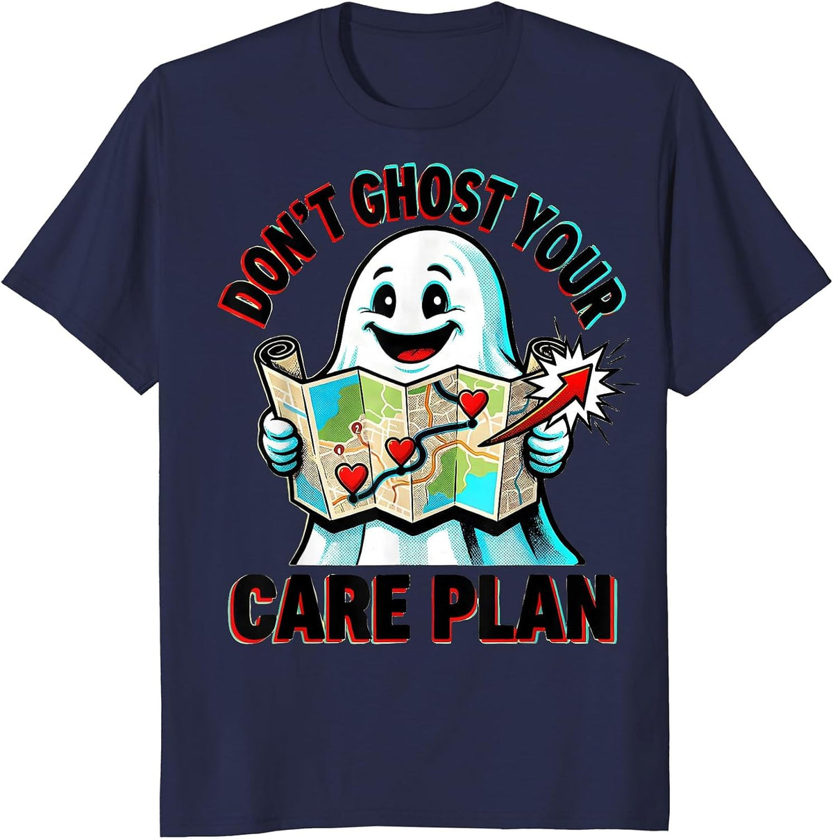 Men's Don't Ghost Your Care Plan Pop Art Mental Health Halloween T-Shirt - Navy Blue