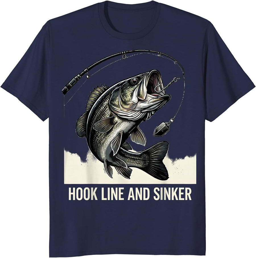 Hook Line and Sinker Bass Fishing Design T-Shirt - Navy Blue