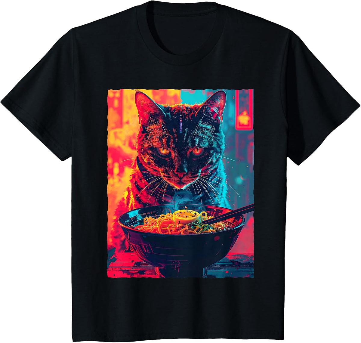 Synthwave Otaku Anime Cat Eating Japanese Ramen Noodles T-Shirt - Black