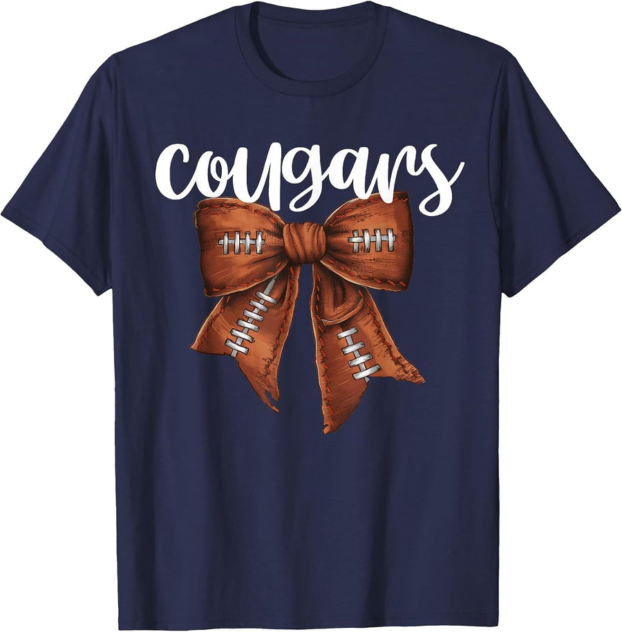 Cougars Football Bow School Spirit Team Mascot Game Night T-Shirt - Navy Blue