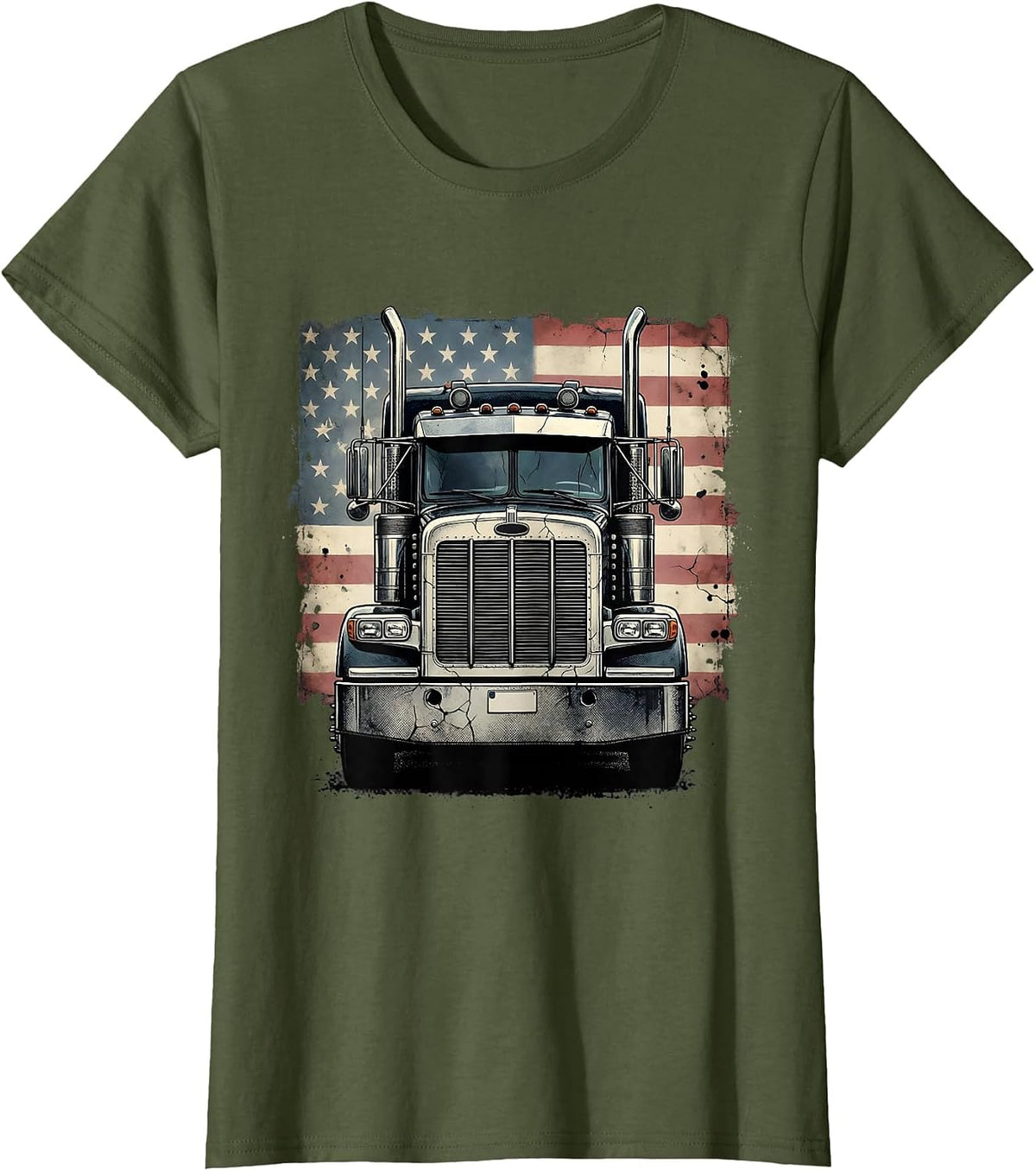 Women's American Flag Semi Truck Driver Distressed Patriotic Trucker T-Shirt - Olive Green
