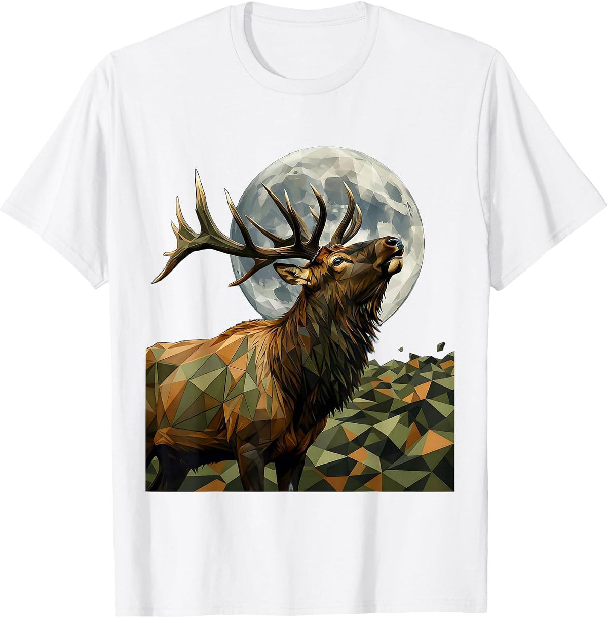 Camo Elk Bugling at Full Moon Wildlife Design T-Shirt - White