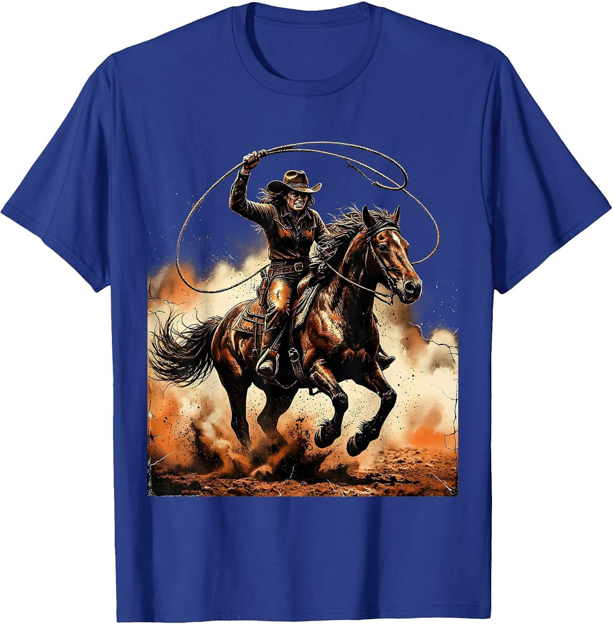 Cowgirl Lassoing Stallion Western Rodeo Graphic T-Shirt - Royal Blue