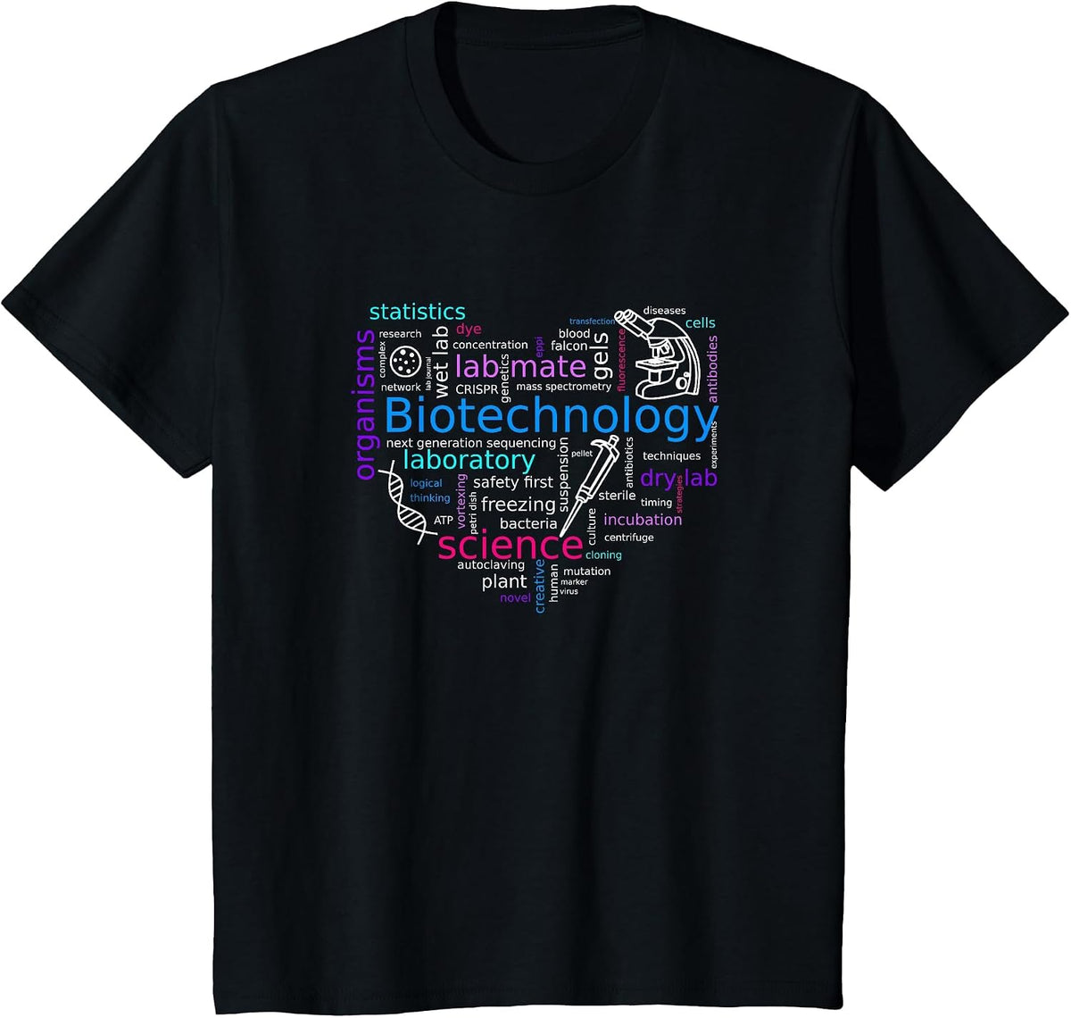 Word Cloud biotech with Microscope, Pipette and DNA T-Shirt - Black