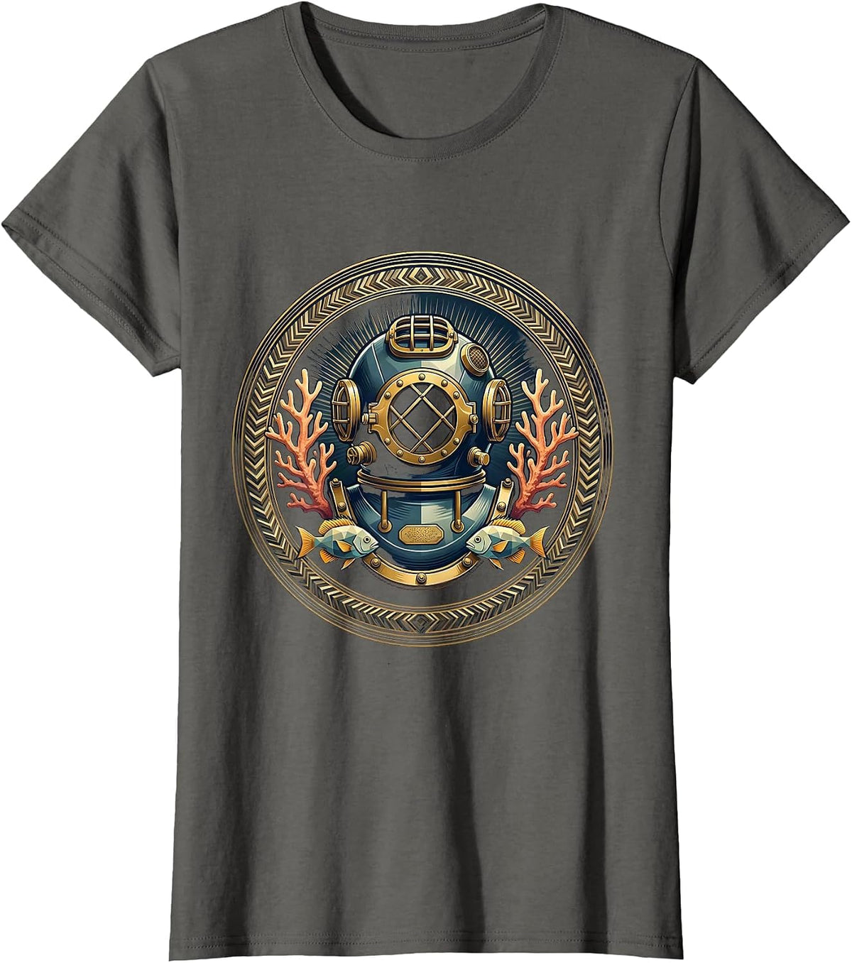 Women's Retro Diver Helmet Coral Reef Ocean Art T-Shirt - Asphalt Grey