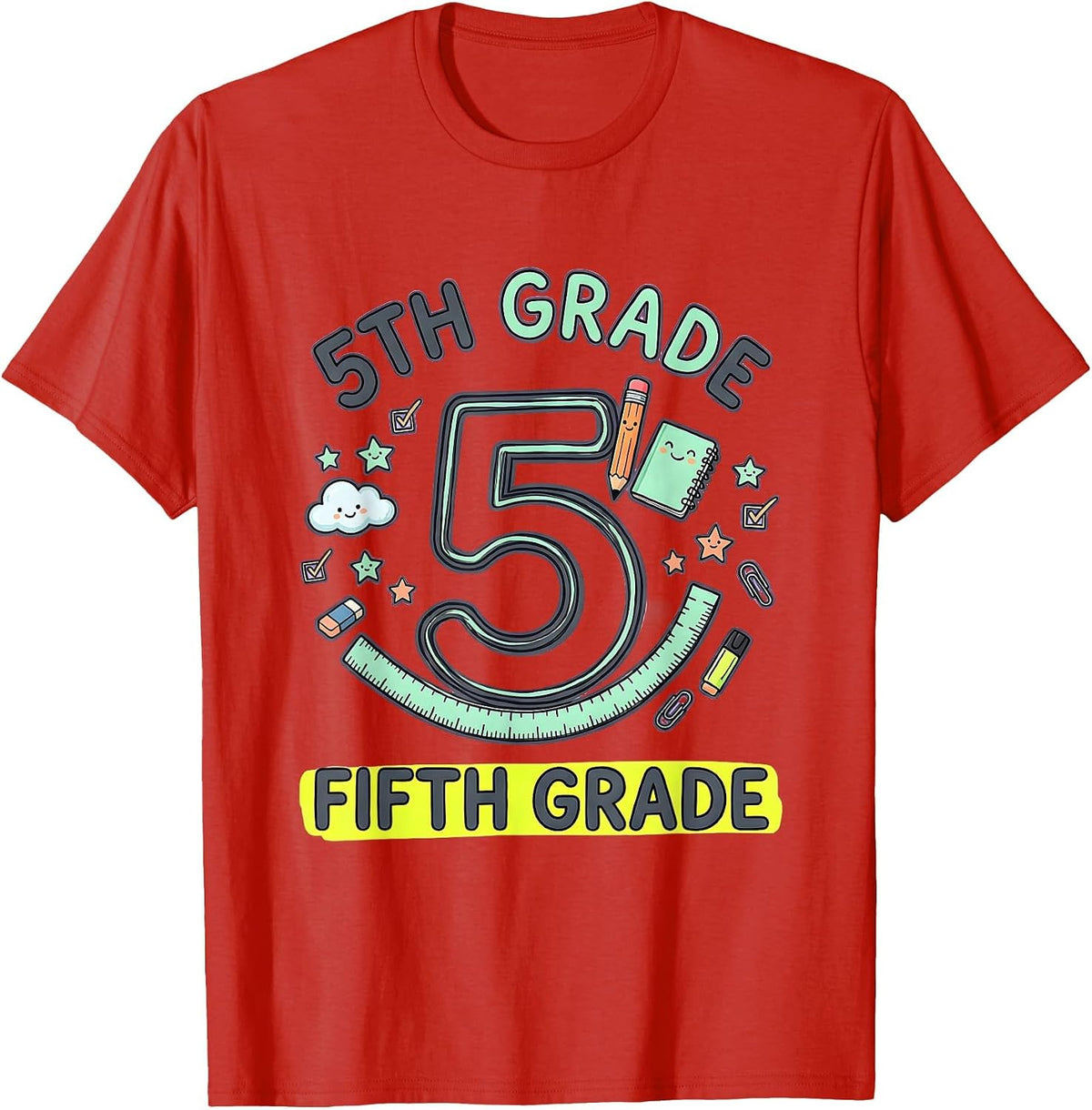 Men's 5TH GRADE FIFTH GRADE Kawaii Stationery Doodle Back T-Shirt - Red