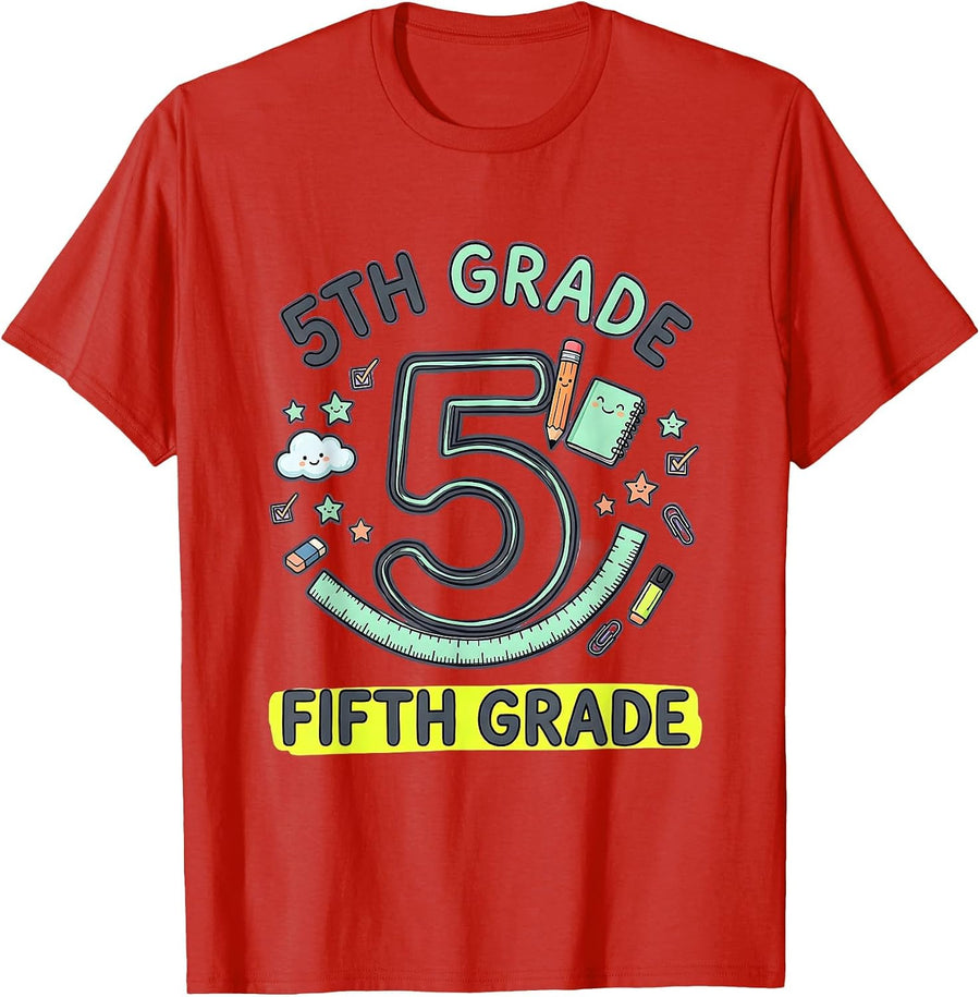 Men's 5TH GRADE FIFTH GRADE Kawaii Stationery Doodle Back T-Shirt - Red