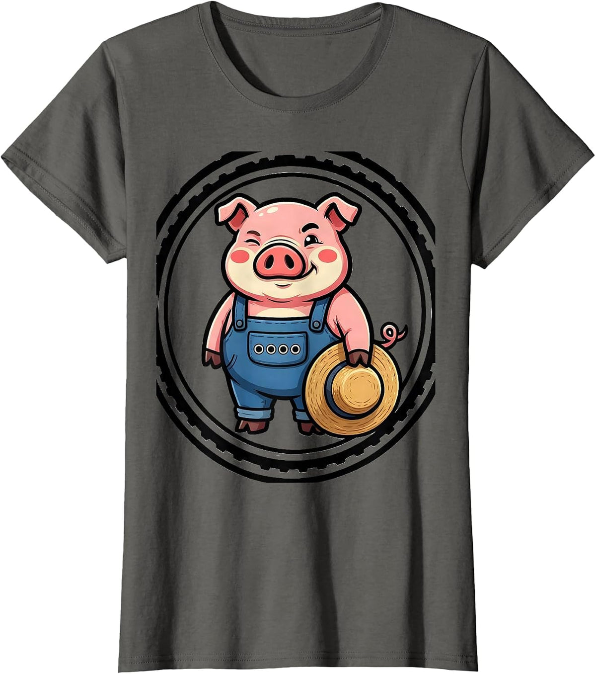 Women's Bouncy Pig Cartoon Pig Lover Halloween Novelty T-Shirt - Asphalt Grey