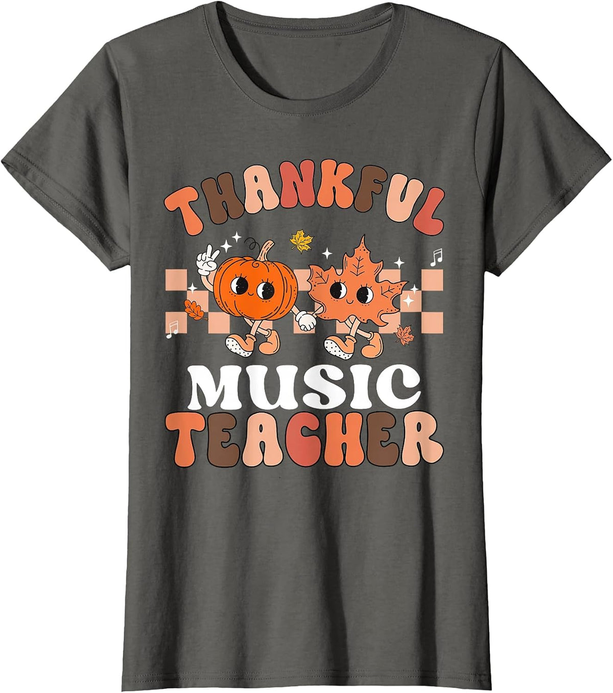 Retro Thankful Music Teacher Pumpkin Fall Thanksgiving T-Shirt - Asphalt Grey