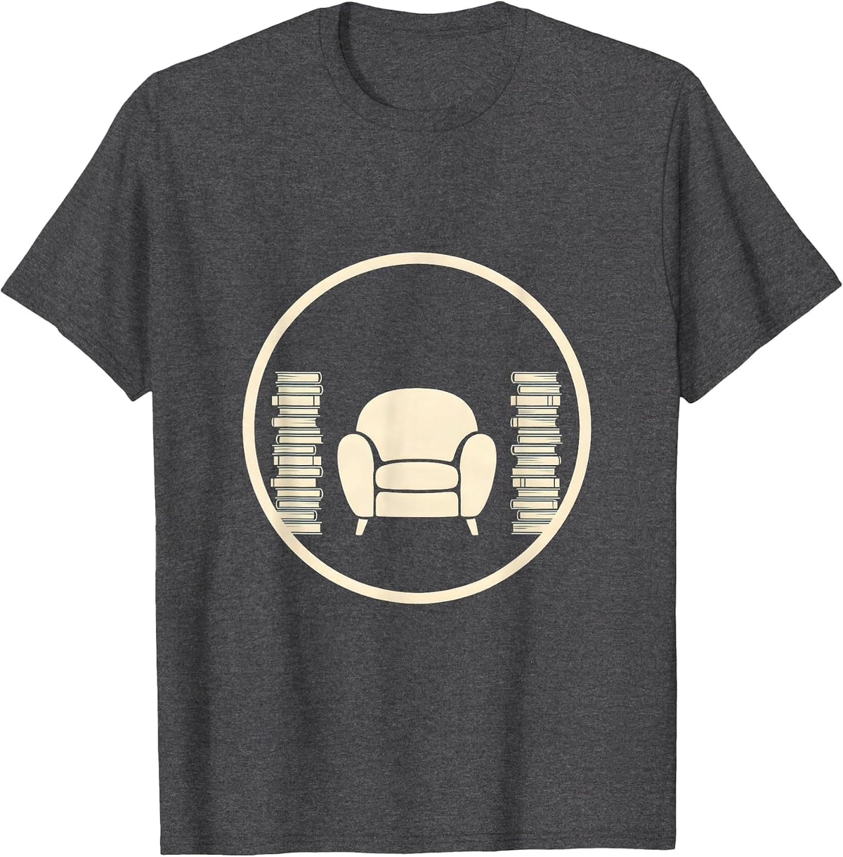 Cozy Armchair Book Piles Support Your Local Library T-Shirt - Dark Heather Grey