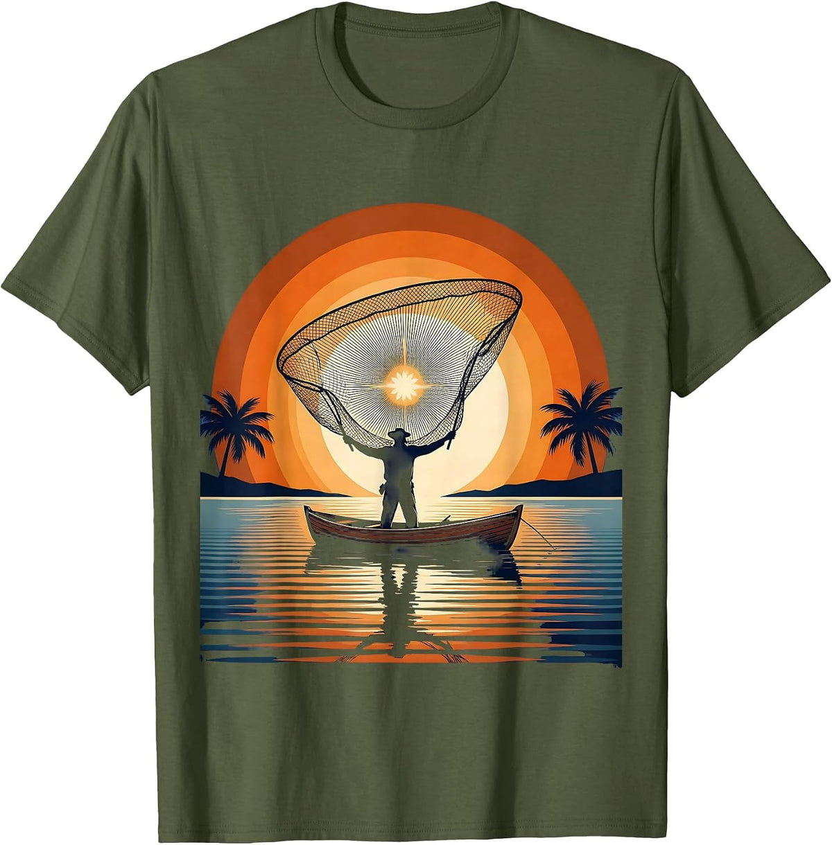 Men's Puerto Rico Fisherman Sunset Casting Net Art T-Shirt - Olive Green