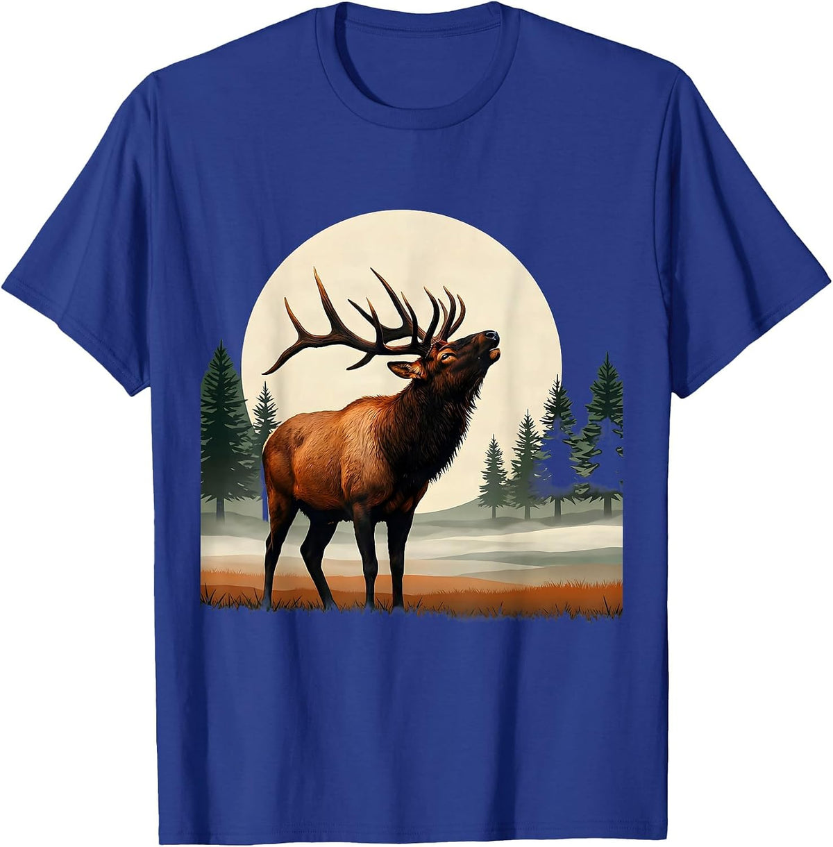 Bull Elk Bugling in Foggy Meadow Fall Design T-Shirt - Royal Blue