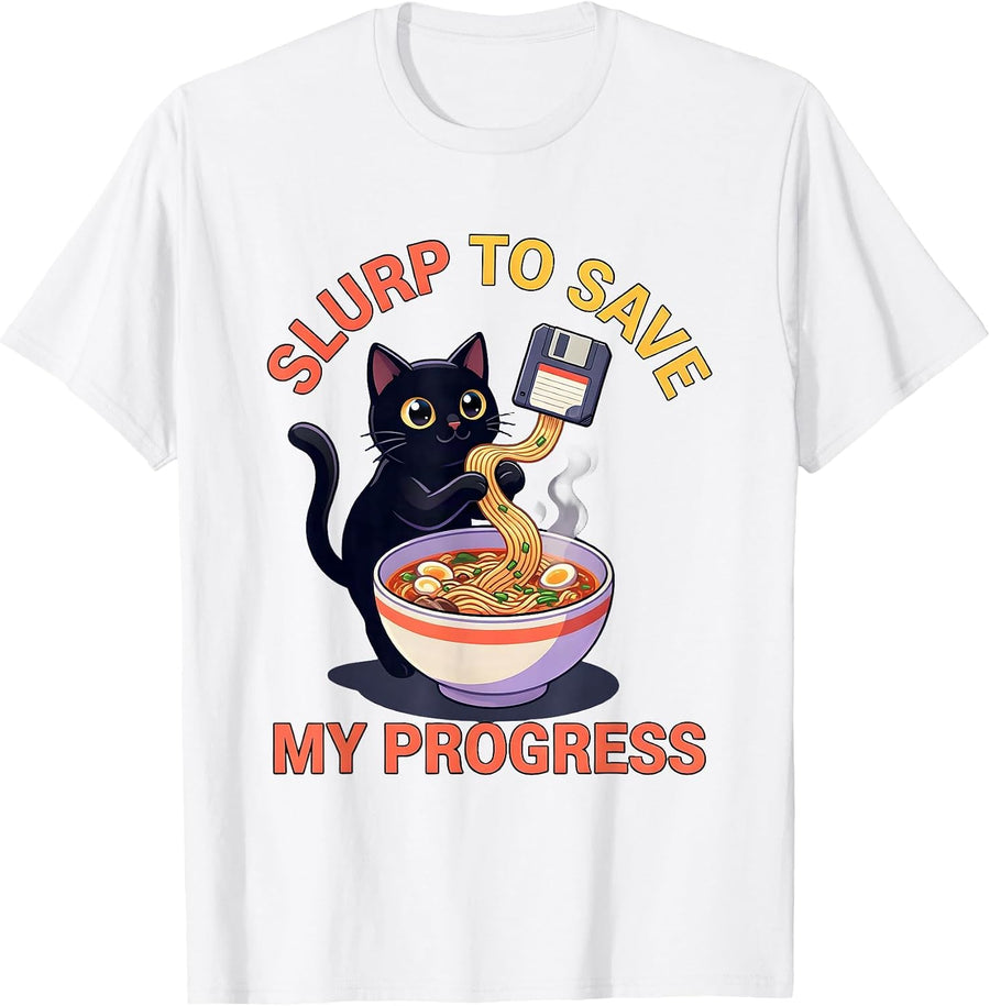 Men's Slurp To Save My Progress Kawaii Anime Gamer Cat Ramen Humor T-Shirt - White