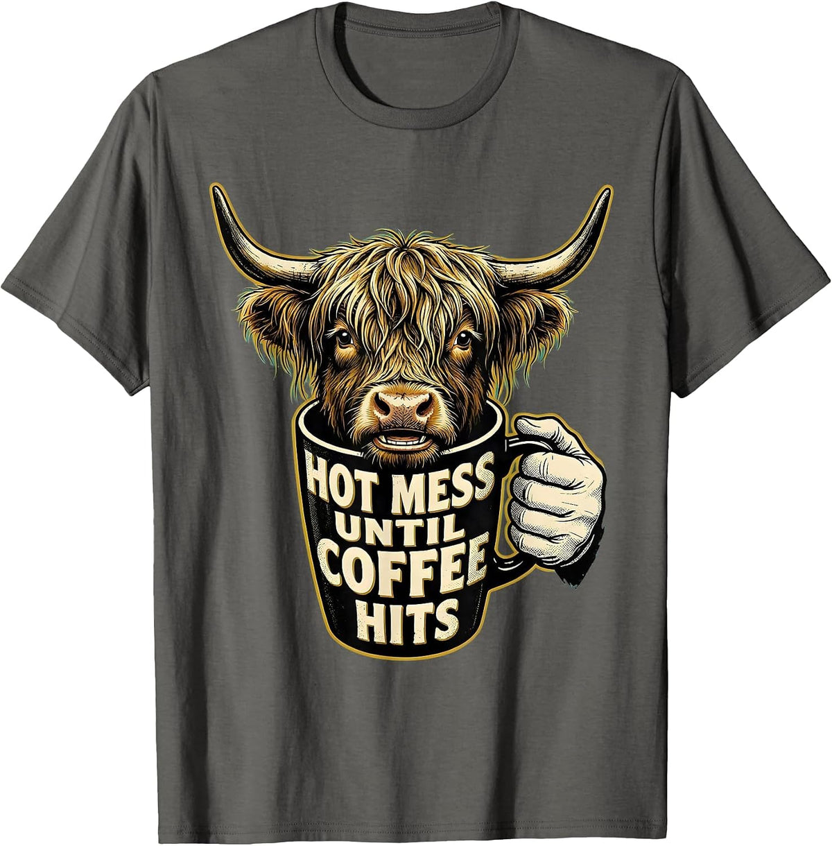 Men's Hot Mess Until Coffee Hits Retro Cartoon Highland Cow Coffee T-Shirt - Asphalt Grey