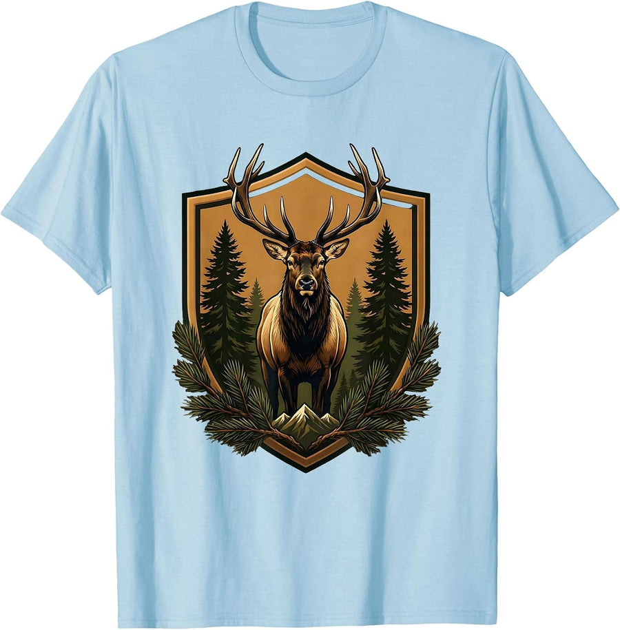 Men's Elk in Misty Pine Forest Camo Wilderness Design T-Shirt - Baby Blue