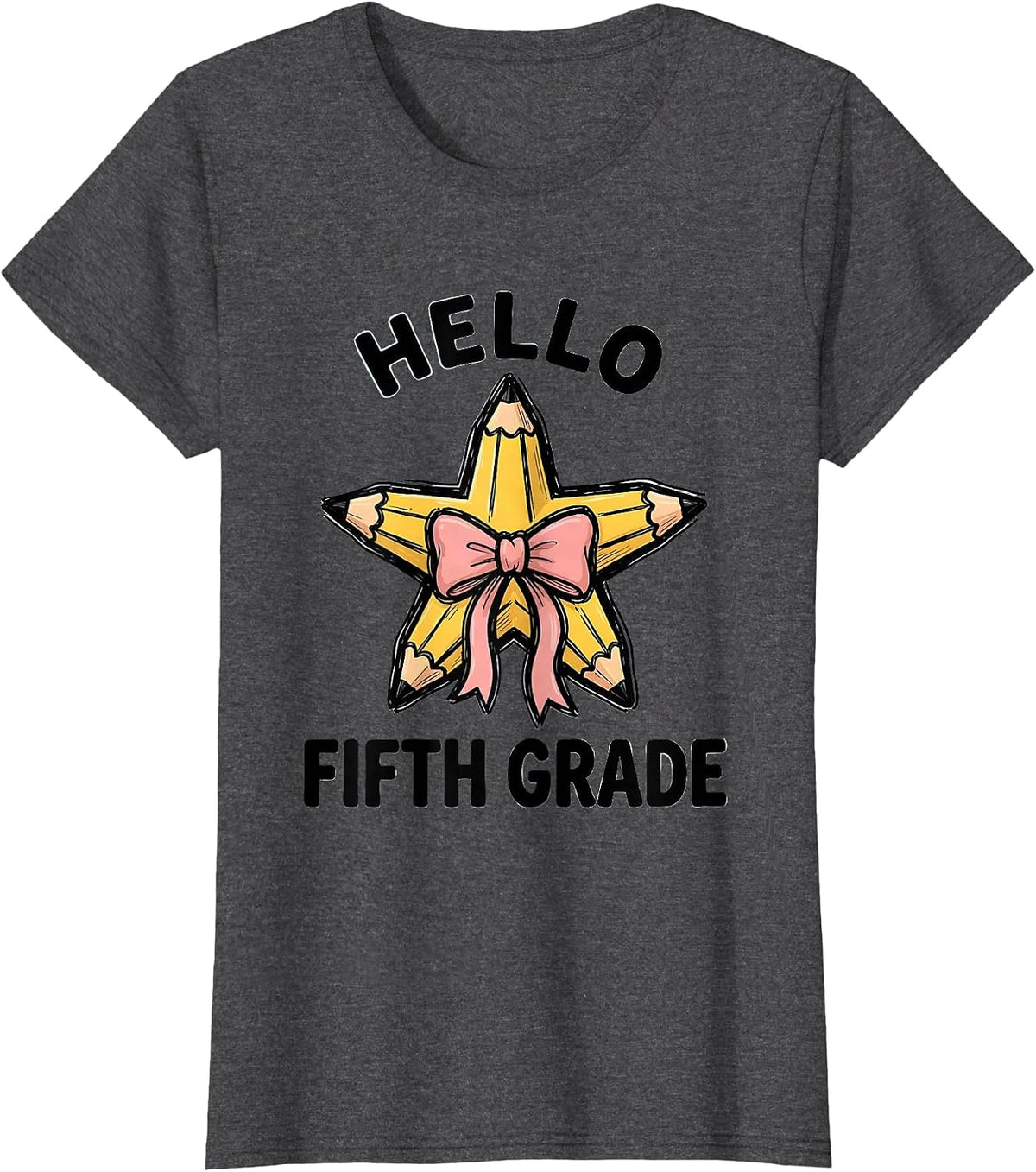 Women's Hello Fifth Grade Cute Coquette Back to School Pencil Bow T-Shirt - Dark Heather Grey